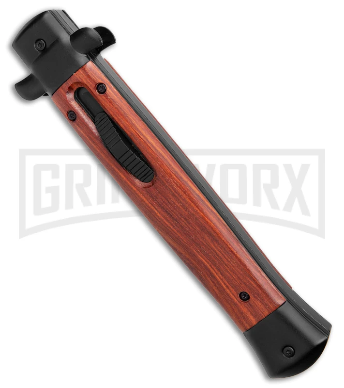 11" Mago Wood/Black OTF Automatic Bayo Knife W/Clip - Satin Plain - Image 2