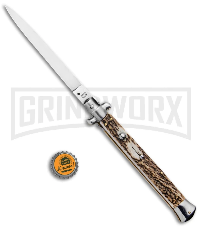 SKM 13" Stag Horn Automatic Italian Stiletto - Bayonet Satin - Image 4