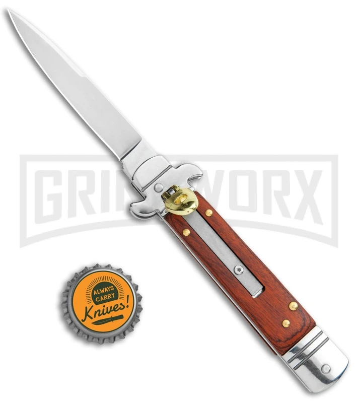 Italia 7.5" Brass Lever Lock Automatic Knife Redwood - Satin Bayonet - Image 4