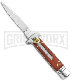 Italia 7.5" Brass Lever Lock Automatic Knife Redwood - Satin Bayonet