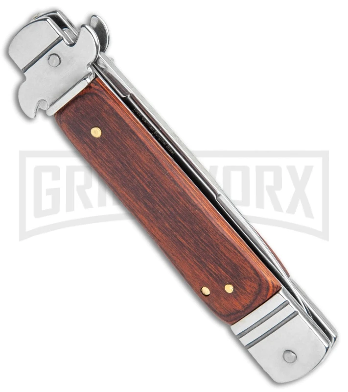 Italia 7.5" Brass Lever Lock Automatic Knife Redwood - Satin Bayonet - Image 3