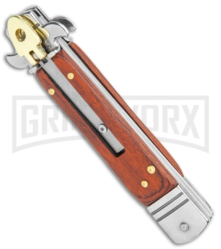 Italia 7.5" Brass Lever Lock Automatic Knife Redwood - Satin Bayonet - Image 2