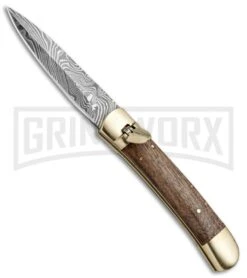 9" Damascus Leverlock Dark Wood Automatic Knife - Dagger Damascus Plain