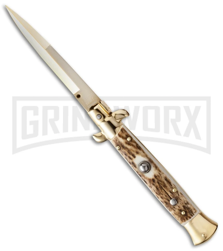 Frank B. 9" Italian Stiletto Stag Automatic Knife - Gold Bayonet