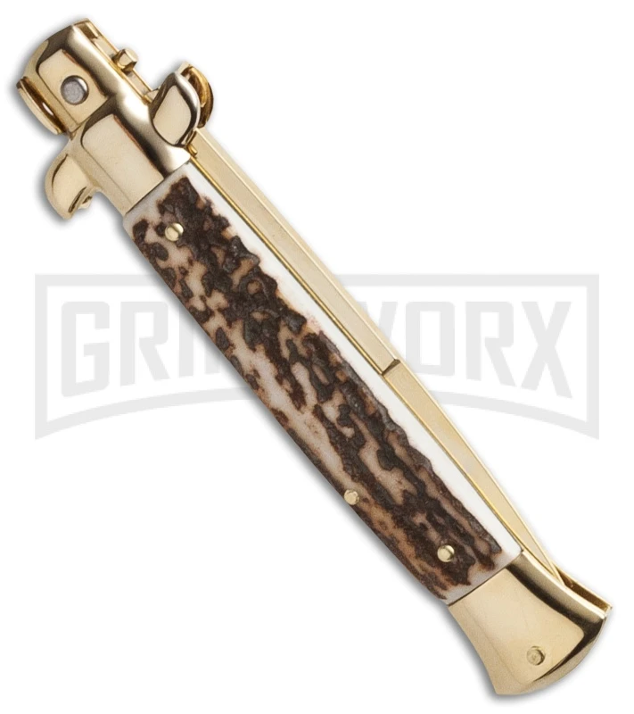 Frank B. 9" Italian Stiletto Stag Automatic Knife - Gold Bayonet - Image 2