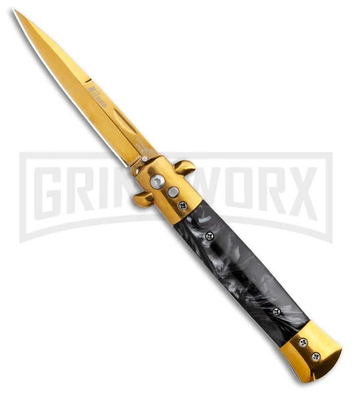 9" Milano Stiletto Black Marble Gold Blade Automatic Knife - Gold Plain