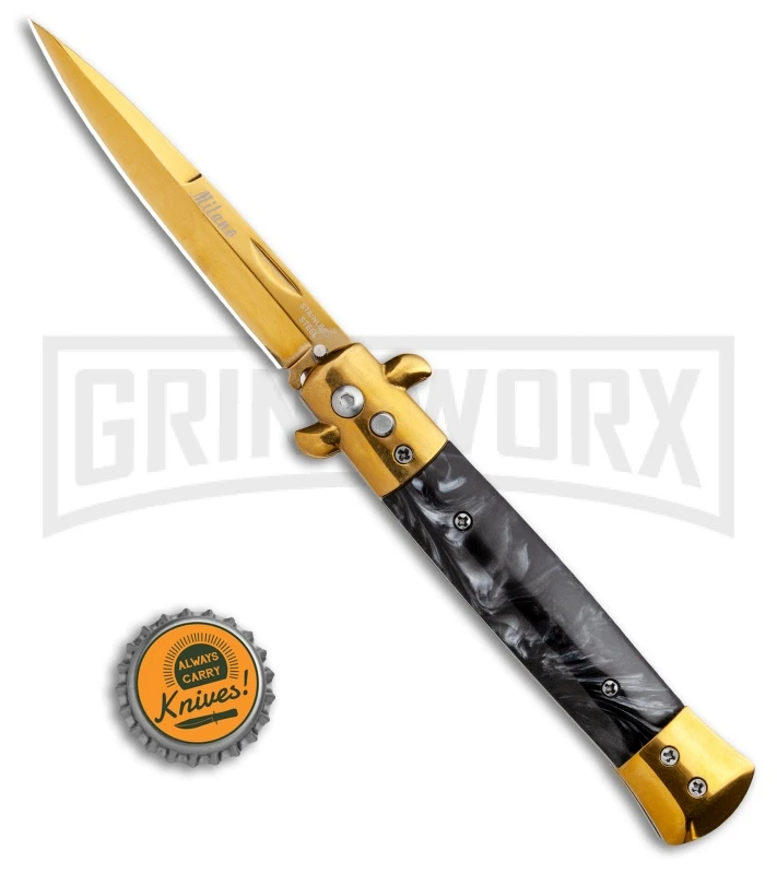 9" Milano Stiletto Black Marble Gold Blade Automatic Knife - Gold Plain - Image 4