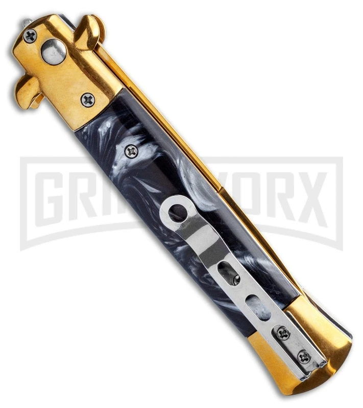 9" Milano Stiletto Black Marble Gold Blade Automatic Knife - Gold Plain - Image 3