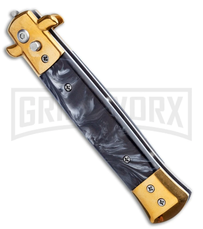 9" Milano Stiletto Black Marble Gold Blade Automatic Knife - Gold Plain - Image 2