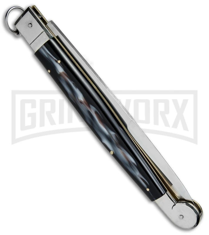 A.G.A. Campolin 16" Sim Horn Sicilian Ring Pull Automatic Knife - Satin Plain - Image 3