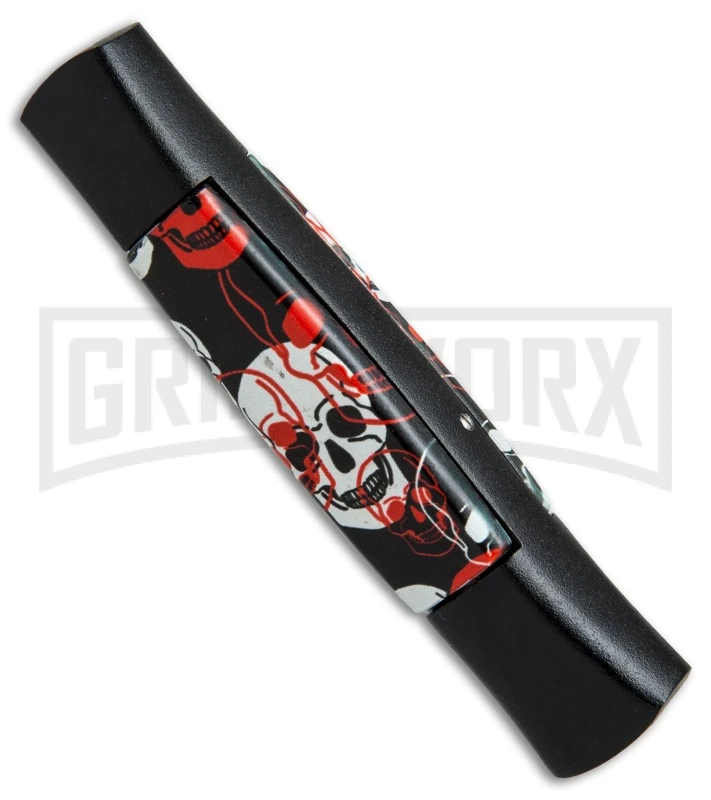 AKC 077 Concord Red/White Skull OTF Automatic Knife - Flat Grind Black Plain - Image 3