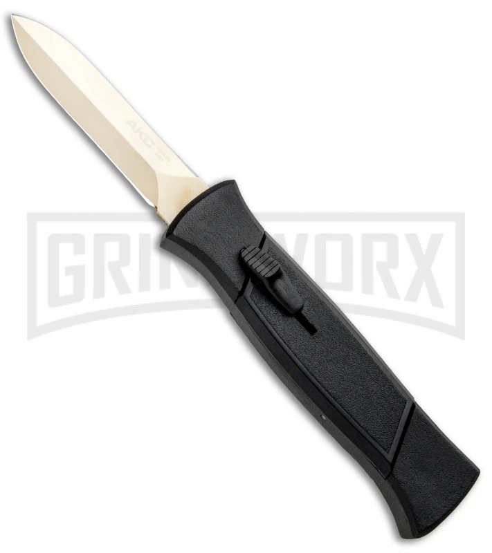 AKC 777 Blackfinger Black OTF Automatic Knife - Dagger Gold Plain