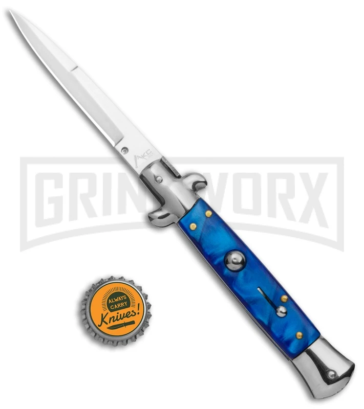 9" Anomaly Stiletto Blue Pearlex Automatic Knife - Satin Bayonet - Image 5