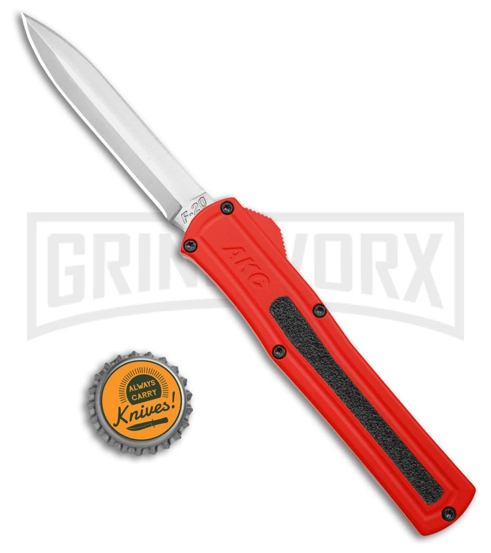 AKC F-20 Red Aluminum DBL Dagger OTF Automatic Knife - Satin Plain - Image 4