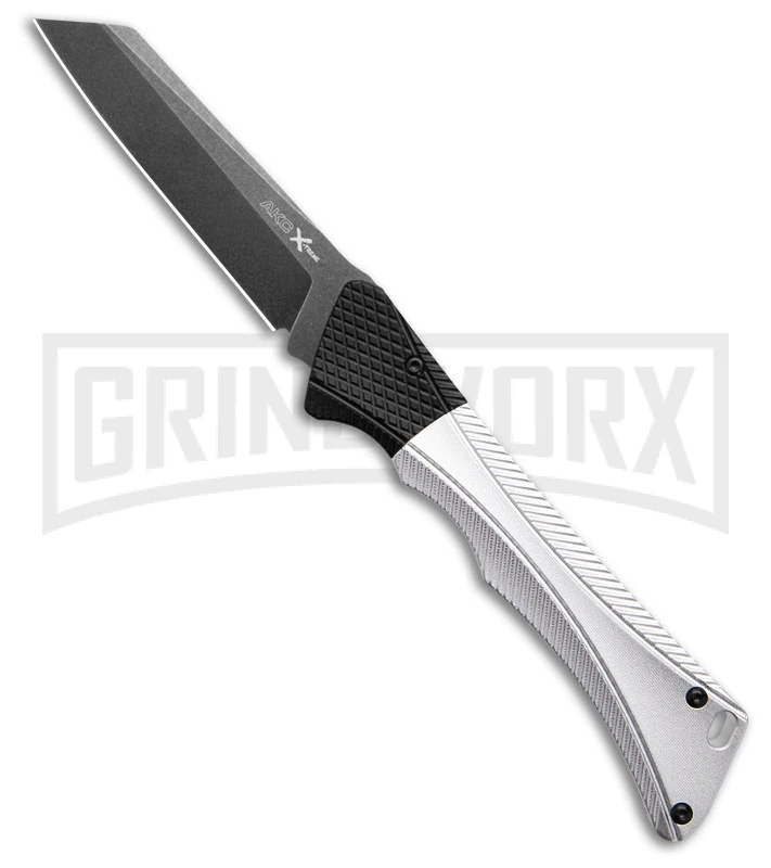 AKC Smarty Silver W/Black Bolster Automatic Knife Reverse Tanto - Black SW Plain