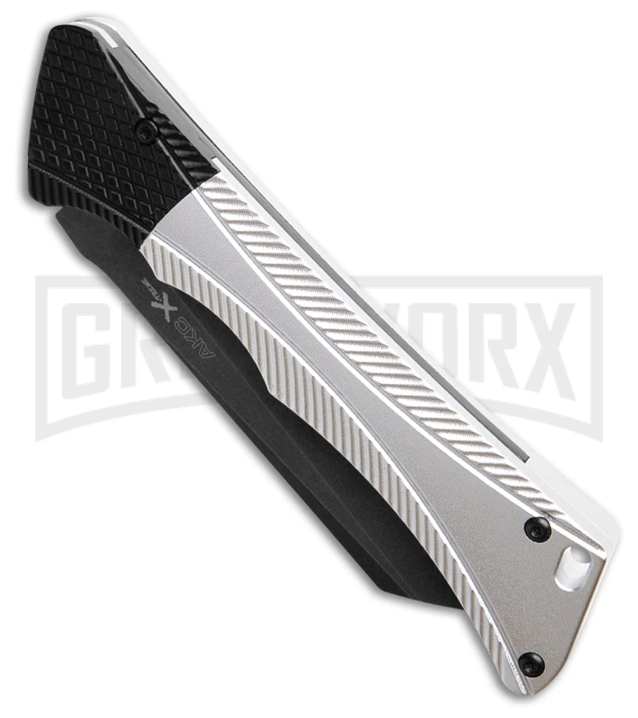 AKC Smarty Silver W/Black Bolster Automatic Knife Reverse Tanto - Black SW Plain - Image 2
