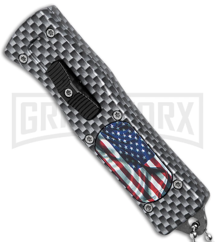 American Flag Mini Dog Tag Gray Carbon Fiber D/A OTF Auto Knife -Satin Plain - Image 2