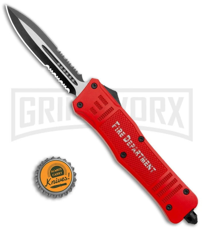 Atomic Defender Large OTF Automatic Knife Fire Dept. Red - Double Serr Two-tone - Image 5