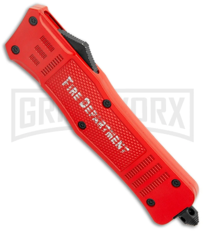 Atomic Defender Large OTF Automatic Knife Fire Dept. Red - Double Serr Two-tone - Image 2