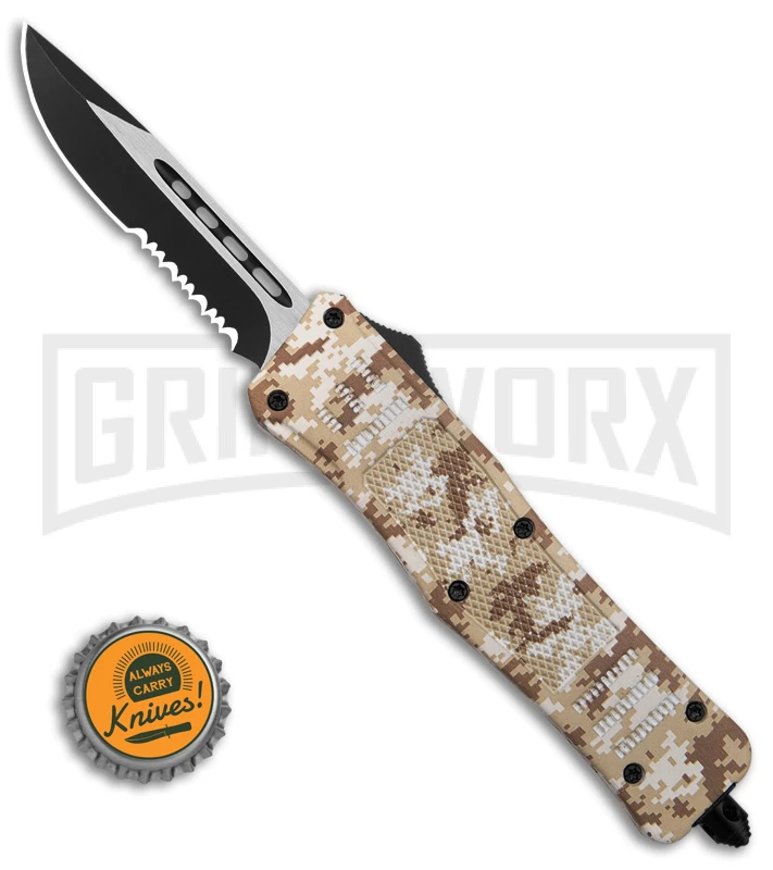 Atomic Defender Medium Tan Digi Camo OTF Automatic Knife - Two Tone Serr - Image 4