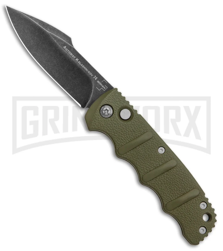 Boker Kalashnikov OD Green Automatic Knife - D2 Harpoon Smokewash Plain