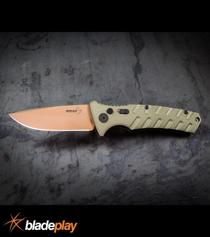Boker Plus Strike Desert Warrior OD Green Automatic Knife - D2 Drop Point Copper - Image 5
