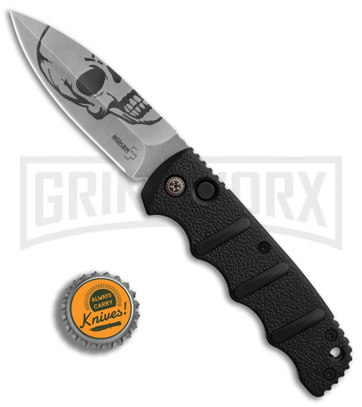 Boker Kalashnikov Skull Black Automatic Knife - D2 Dagger Stonewash Plain - Image 5