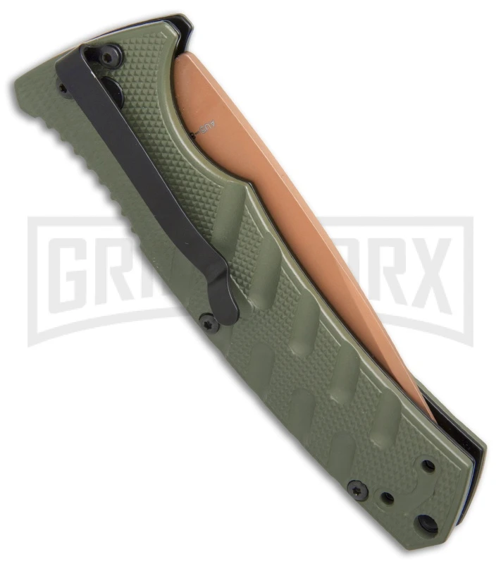 Boker Plus Strike Desert Warrior OD Green Automatic Knife - D2 Drop Point Copper - Image 2