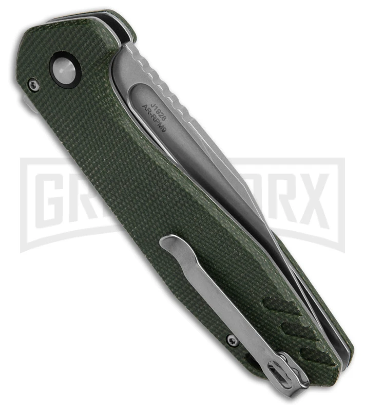 CJRB Cutlery Riff Green Micarta Button Lock Knife - Satin Plain - Image 3