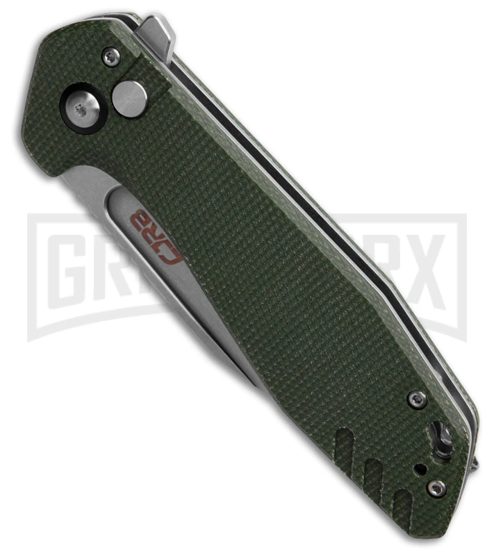 CJRB Cutlery Riff Green Micarta Button Lock Knife - Satin Plain - Image 2
