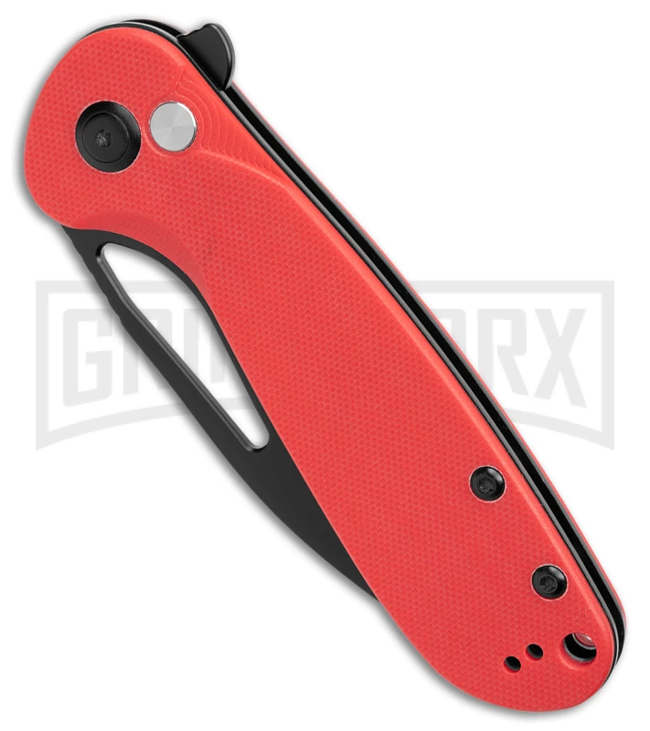 CJRB LAGO Red G-10 Button Lock Flipper Knife - Black Plain - Image 2