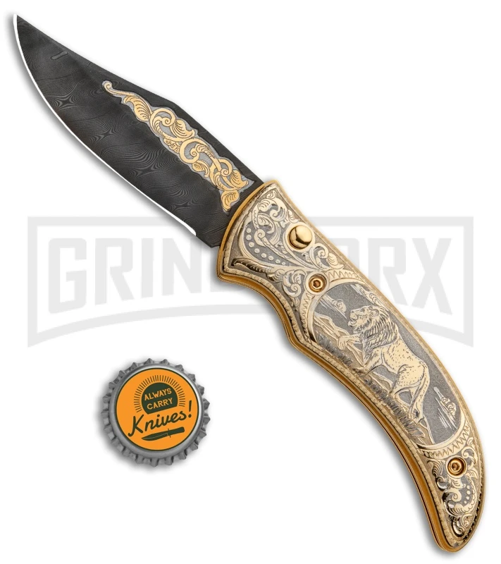 Custom Russian Gold Lion Automatic Knife - Damascus Plain - Image 6
