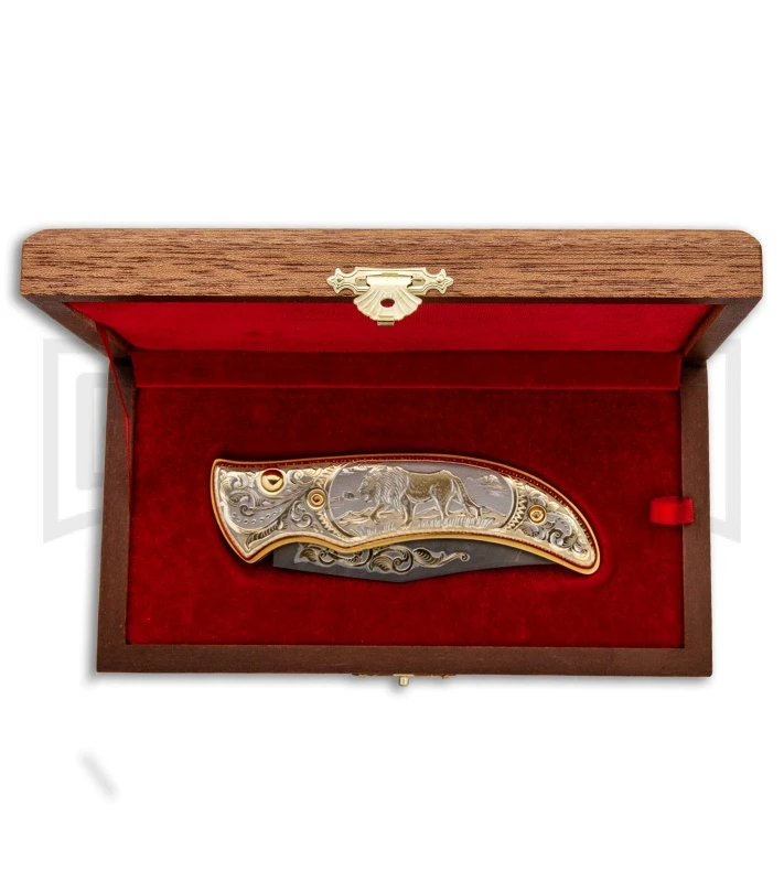 Custom Russian Gold Lion Automatic Knife - Damascus Plain - Image 4