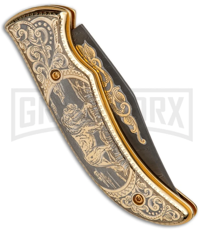 Custom Russian Gold Lion Automatic Knife - Damascus Plain - Image 3