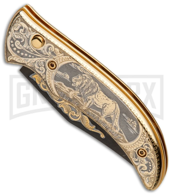 Custom Russian Gold Lion Automatic Knife - Damascus Plain - Image 2