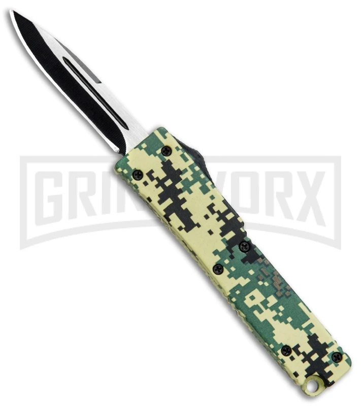 Firecracker Mini Light Green Digi Camo D/A OTF Automatic Knife - Black Plain