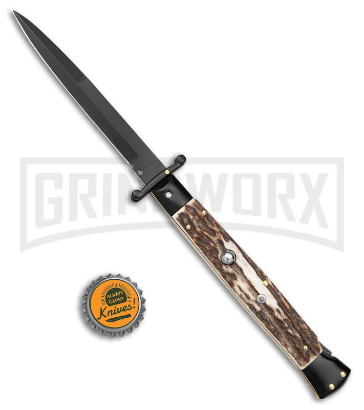 Frank B. 11" Italian Stiletto Swinguard Stag Horn Automatic Knife - Bayonet - Image 4