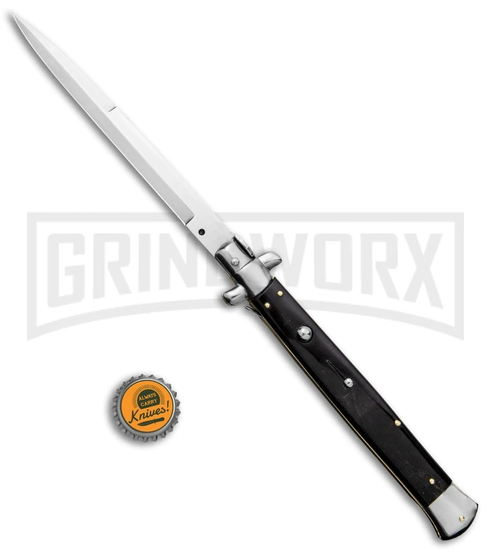 Frank B. 13" Sim Dark Horn Italian Stiletto Automatic Knife - Bayo Satin Plain - Image 4