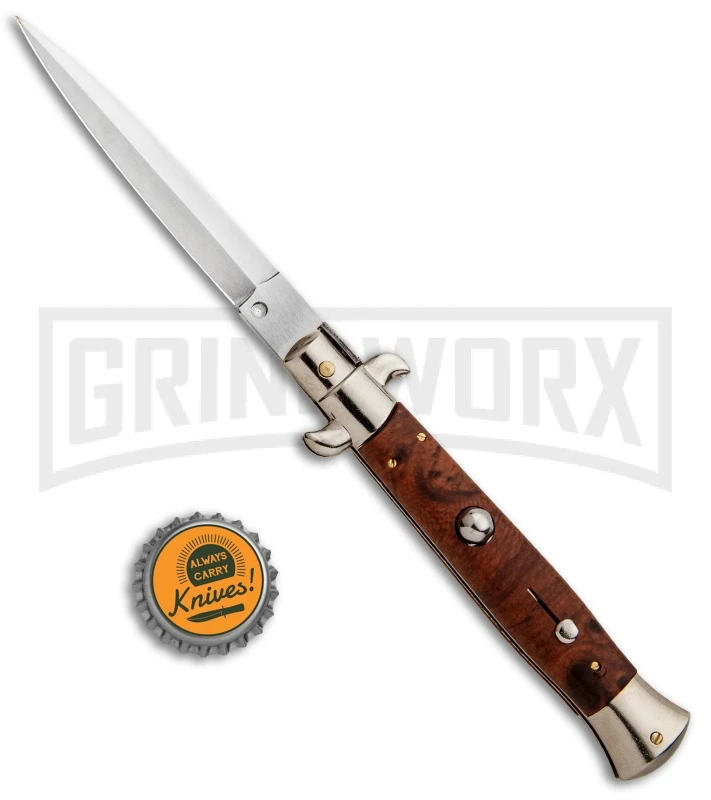 Frank B 9" Italian Stiletto Briar Wood Automatic Knife - Dagger Satin - Image 4