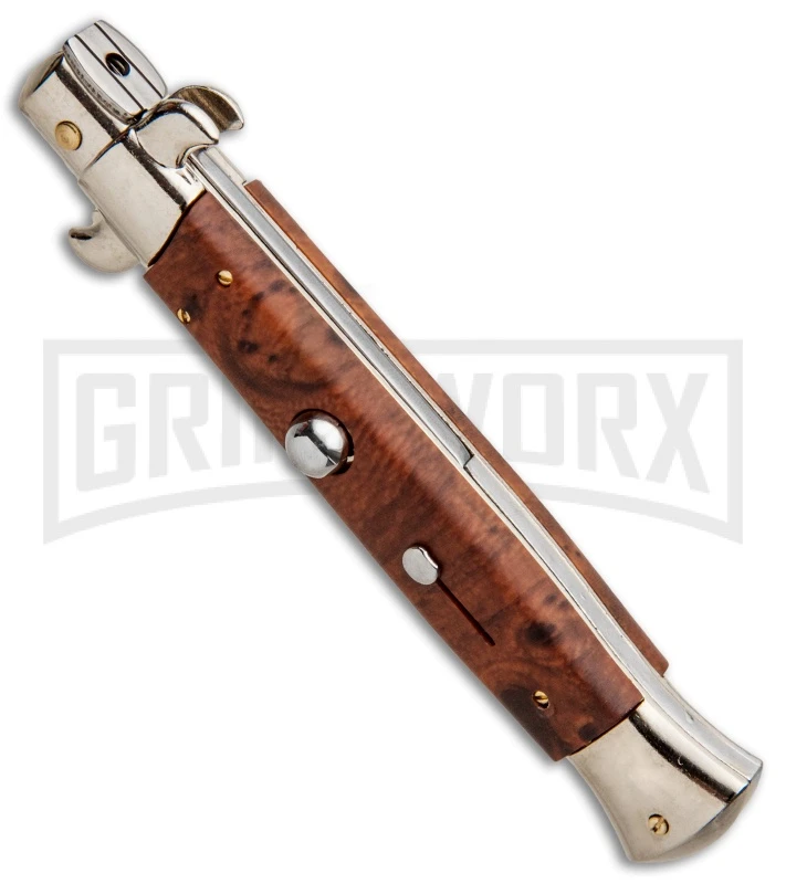 Frank B 9" Italian Stiletto Briar Wood Automatic Knife - Dagger Satin - Image 2