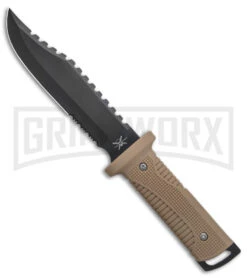 Frost 12" Fixed Blade Knife Tan Rubber Serr Spine W/ Sheath (12.6" Black Serr)