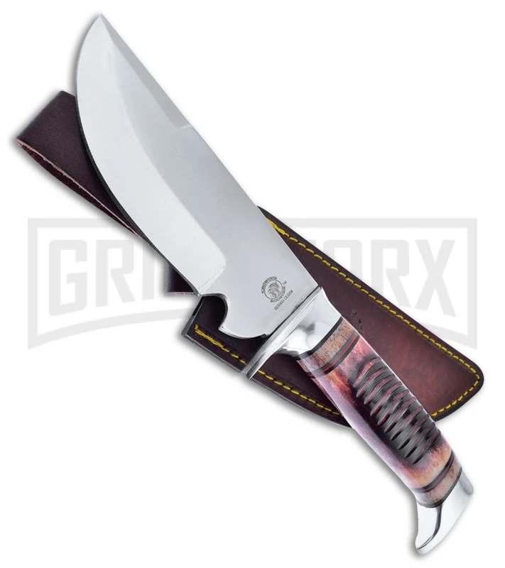 Crowing Rooster Rhode Island Red Bowie Brown Bone Fixed Blade - Satin Plain