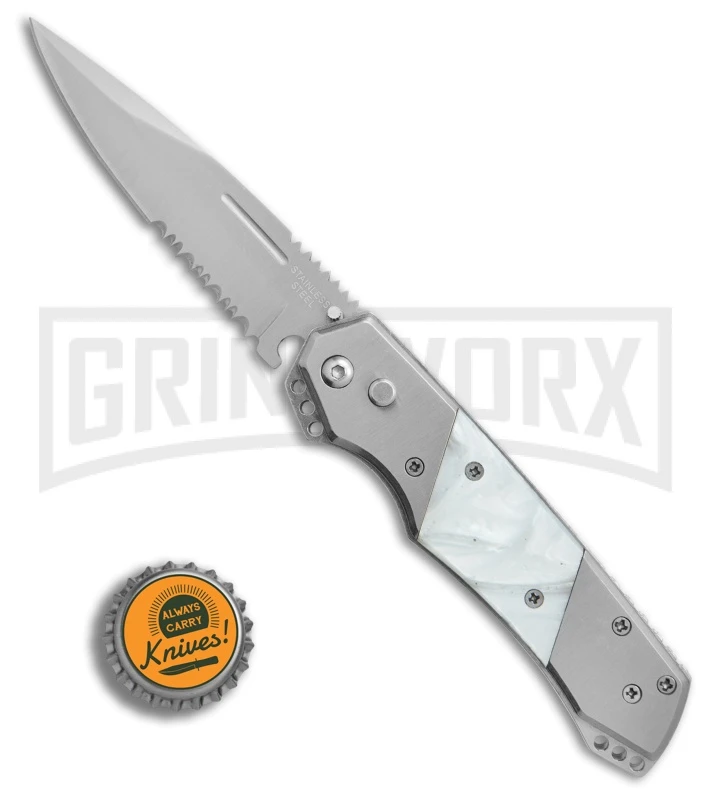 Super Knife Croc Automatic Knife Stainless W/ White Inlay - Satin Serr - Image 4