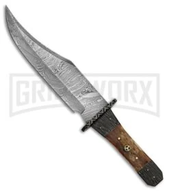 Tallen Tri Circle Bowie Brown Fixed Blade Knife - Damascus Plain