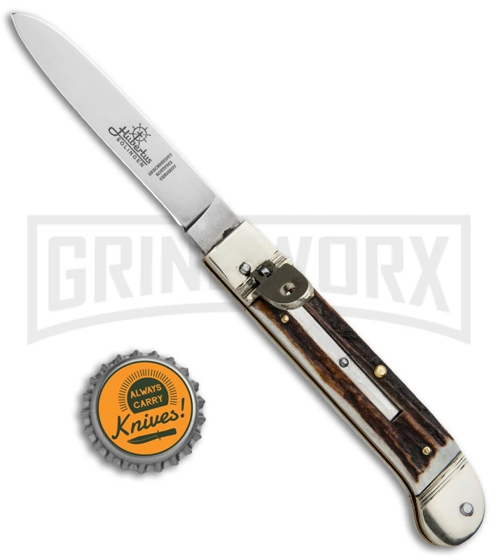 Hubertus 7.13" Pistol Shape Lever Lock Stag Automatic Knife - Satin Plain - Image 4