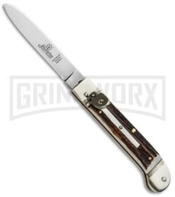 Hubertus 7.13" Pistol Shape Lever Lock Stag Automatic Knife - Satin Plain