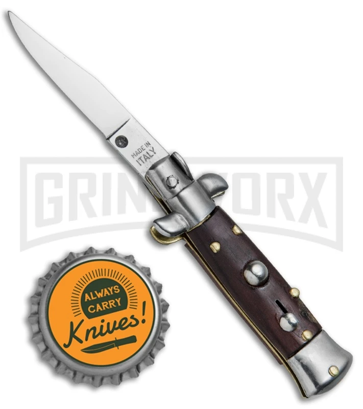 4.5" Italian Mini Stiletto Gonzo Wood Automatic Knife - Clip Point Satin - Image 4