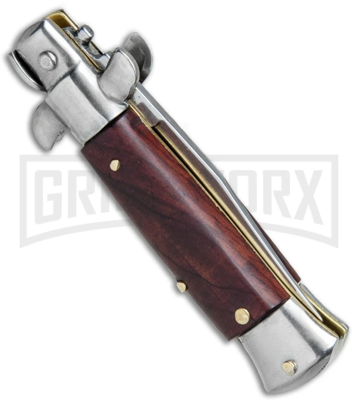 4.5" Italian Mini Stiletto Gonzo Wood Automatic Knife - Clip Point Satin - Image 3