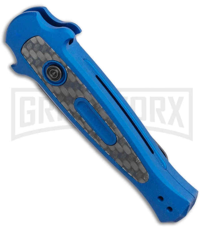 Kershaw Launch 12 Blue Aluminum/CF Mini Stiletto Automatic Knife - Black Plain - Image 2