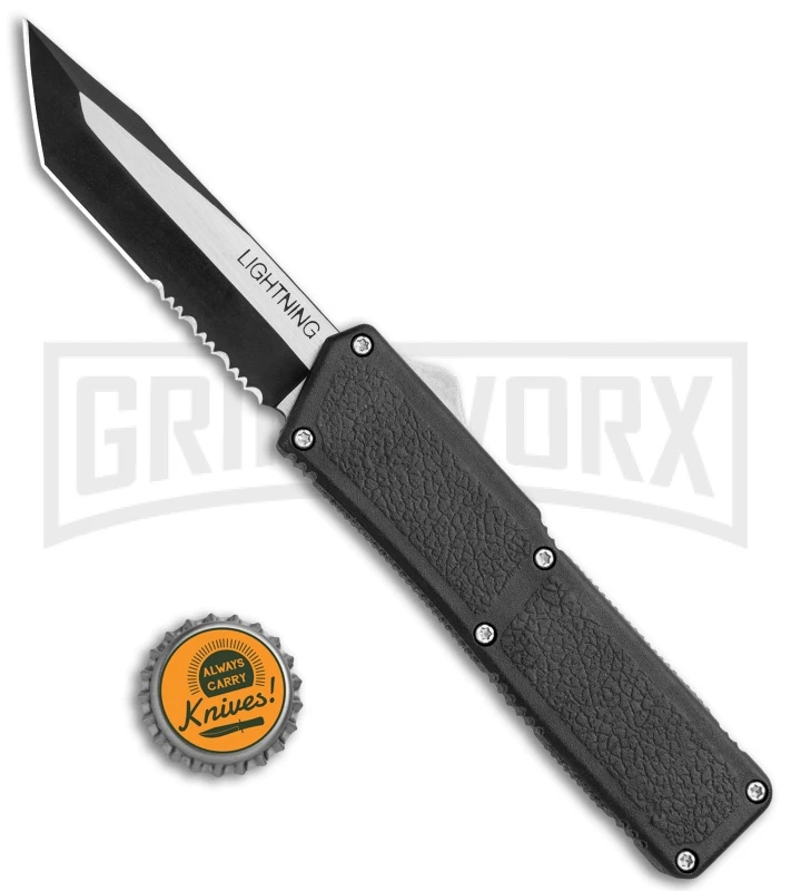 Lightning Black D/A OTF Automatic Knife - Tanto Two Tone Serrated - Image 4